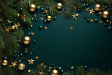 Obraz na płótnie Canvas Beautiful dark green christmas background blank background with christmas decorations and tree elements all around with empty space in the middle with room for product or text.generative ai