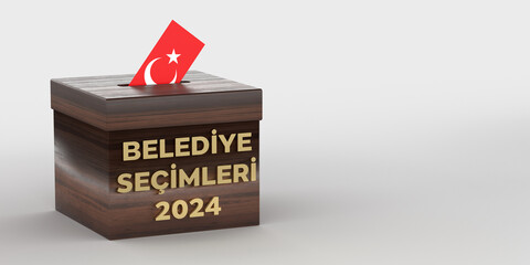 Turkish flag design envelope in YEREL SECIMLER 2024 text ballot box, side view. 3D rendered grey background with copy space and clipping path. Turkey local elections 2024 concept