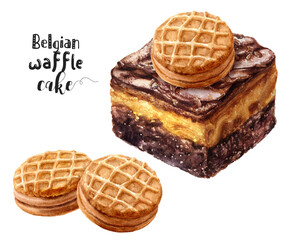 Watercolor illustration of Belgian waffle cake dessert close up. Design template for packaging, menu, postcards.