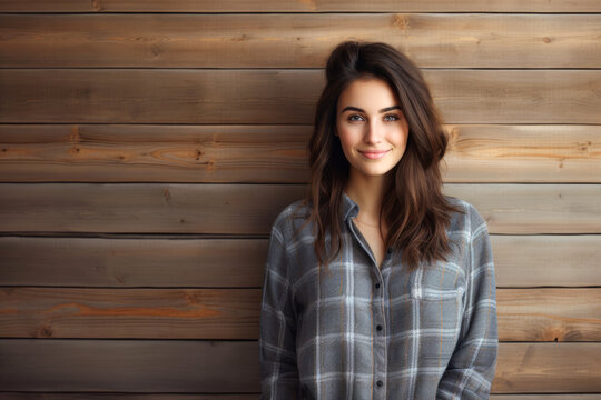 Beautiful young girl smiling against the background of a wooden blank wall looking to the camera wearing a plaid shirt with long hair, copy space.generative ai