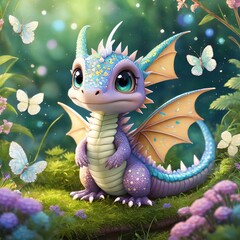 cute baby dragon and butterfly 