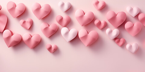 Pink heart shapes on a pink background, banner for valentine. 3D Illustration.