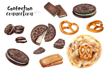 Watercolor illustration of cookie set dessert close up. Design template for packaging, menu, postcards.