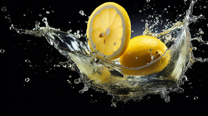 Fresh yellow lemon splashed