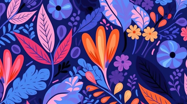 Vibrant Hand-Drawn Abstract Flowers and Leaves Print - Modern Cartoon Style Pattern for Trendy Design Templates