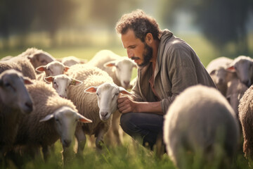 Portrait of a young man, a shepherd playing with a flock of lambs and feeding animals on the farm....
