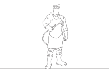 Welder worker. Welding metals at a construction site. Specialist welder in work clothes. One continuous line drawing. Linear. Hand drawn, white background. One line.