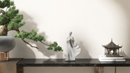 Black marble display cabinet with monk, temple decorative items, bonsai tree in sunlight on white...