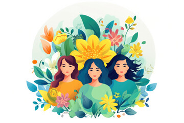 Flat illustration of three women with flowers for Women's Equality Day or March 8th white background