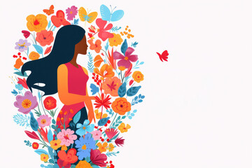 Flat illustration of woman with flowers for Women's Equality Day or March 8 on white background