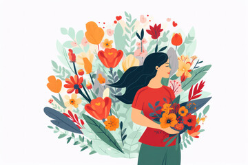 Obraz na płótnie Canvas Flat illustration of woman with flowers for Women's Equality Day or March 8 on white background