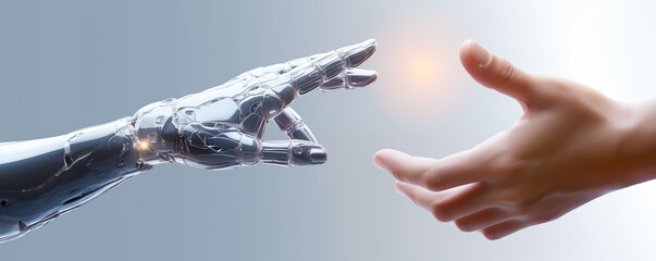 Robot hand coming in contact with human hand  - obrazy, fototapety, plakaty