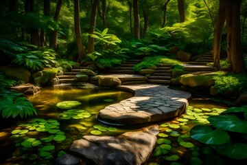 beautiful colorful summer spring natural landscape with a lake in park surrounded by green foliage of trees in sunlight and stone path in foreground.