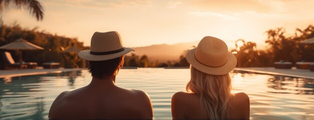 Couple enjoying sunset from infinity pool at tropical island resort hotel. Romantic beach getaway...