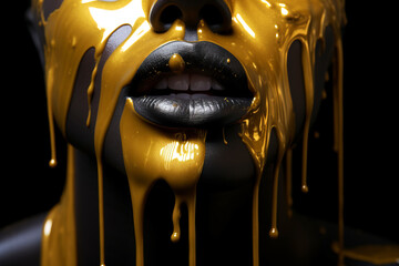 Close up face portrait with face art. Glamorous gold makeup, gold paint dripping down the woman's black face.generative ai