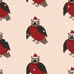 Cute owls in Santa hat hand drawn vector illustration. Funny winter birds in flat style Christmas seamless pattern for kids fabric or wallpaper.