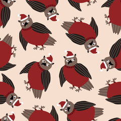 Funny owls in Santa hat hand drawn vector illustration. Cute winter birds in flat style Christmas seamless pattern for kids fabric or wallpaper.