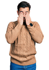 Young hispanic man wearing casual clothes rubbing eyes for fatigue and headache, sleepy and tired...