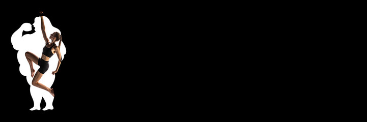 Slim young girl getting out of silhouette of overweigh, fat person. Diet, sport, health. Banner. Conceptual design. Concept of weight loss, acceptance and changes, body care, wellness.