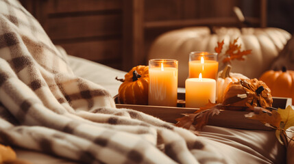 Obraz na płótnie Canvas Burning candles pumpkin decoration on wooden tray