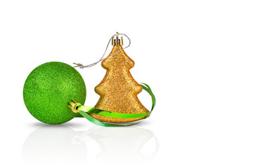 green ball and a golden Christmas tree. Christmas decoration. Isolated