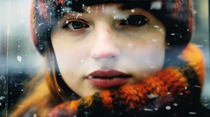gros plan d'une jeune femme avec un bonnet en laine multicolore derrière une vitre embuée et humide en hiver - obrazy, fototapety, plakaty
