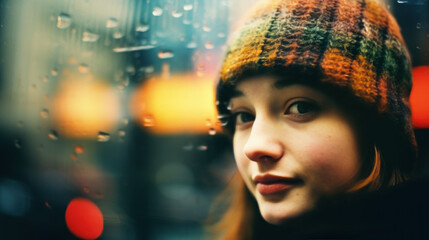 gros plan d'une jeune femme avec un bonnet en laine multicolore derrière une vitre embuée et humide en hiver - obrazy, fototapety, plakaty