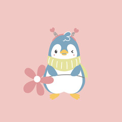 cute and lovely hand drawn penguin holding flower with heart, happy valentine's day, love concept, flat vector illustration cartoon character costume design