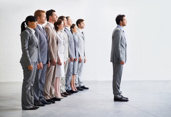 Businessman, employees and leader with row, workforce, and ready for selection process. Employer,...