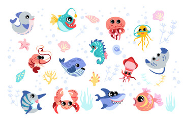 Set with hand drawn marine life elements. Vector doodle cartoon set of sea life objects for design. Colorful sea animals - obrazy, fototapety, plakaty