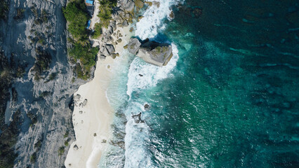 Aerial Drone View Of Blue Coast At Diamond Beach, Nusa Penida, Bali, Indonesia
