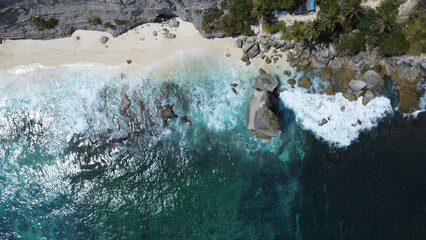 Aerial Drone View Of Blue Coast At Diamond Beach, Nusa Penida, Bali, Indonesia