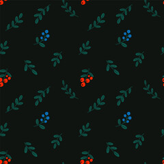 Seamless pattern with north berries on black background. Modern botanical background. Vector illustration
