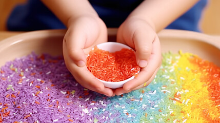 Child hands playing colored rice and make rainbow. - obrazy, fototapety, plakaty