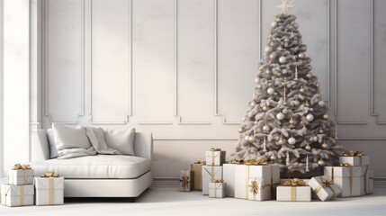 Fototapeta na wymiar Christmas Home Interior with festive Christmas tree and gift boxes