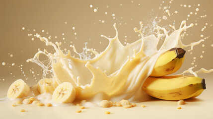 Milk splash with bananas. Sweet dessert cream sweet. Milkshake concept. Generative AI