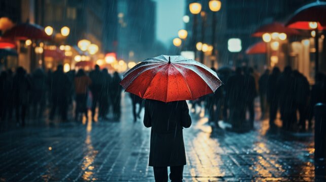 Man Holding An Umbrella In The Rain, Standing With A Back To Camera, Street Shot 