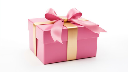 Beautiful pink gift box with a gold ribbon bow. Concept of Christmas or Valentine's day