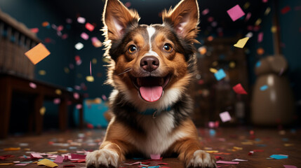 Cute dog in the party hat. Concept of party time and celebration of Birthday or a New year
