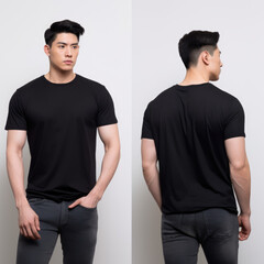  muscular cute handsome asian male model wearing a regular fit black t shirt , frontal view and back view, background is white