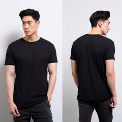  muscular cute handsome asian male model wearing a regular fit black t shirt , frontal view and back view, background is white