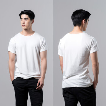  muscular cute handsome asian male model wearing a regular fit white t shirt , frontal view and back view, background is white