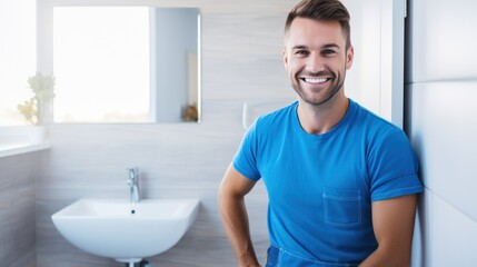 Smiling plumber in blue uniform standing in bathroom. Plumbing services banner with copy space.