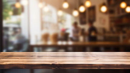 Obraz na płótnie Canvas Interior Background. Blurred Coffee Shop with Empty Wooden Table