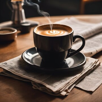 Coffee and newspaper An image featuring a cup of steaming hot coffee or espresso with a newspaper or magazine in the background, capturing the calm and relaxed morning routine