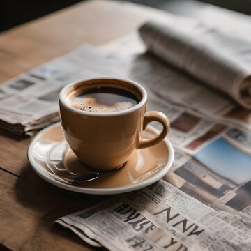 Coffee and newspaper An image featuring a cup of steaming hot coffee or espresso with a newspaper or magazine in the background, capturing the calm and relaxed morning routine