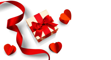 Valentine's Day design elements isolated on white background. Golden gift box with Red silk ribbon bow and Pairs of Red Hearts, with natural transparent shadow on transparent background, clipping path