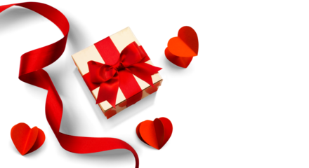 Valentine's Day design elements isolated on white background. Golden gift box with Red silk ribbon bow and Pairs of Red Hearts, with natural transparent shadow on transparent background, clipping path