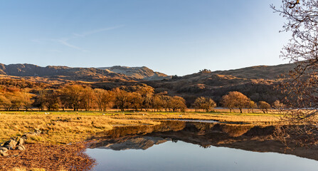 Fototapeta na wymiar Reflection views around Snowdonia lakes in winter