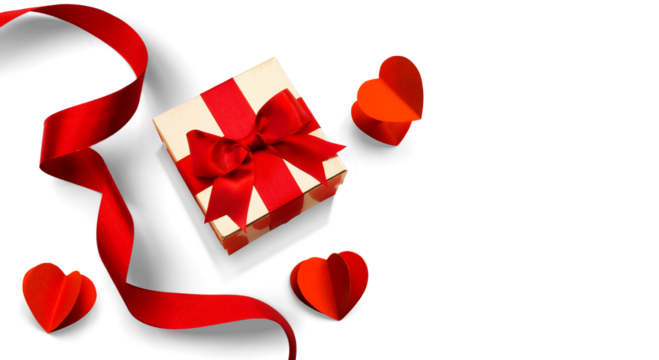 Valentine's Day design elements isolated on white background. Golden gift box with Red silk ribbon bow and Pairs of Red Hearts, with natural transparent shadow on transparent background, clipping path